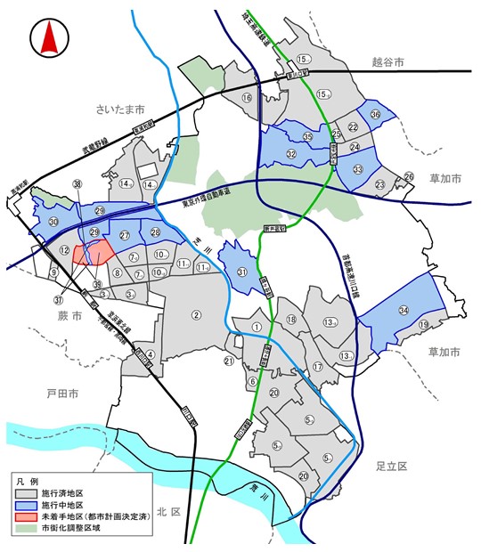 土地区画整理事業の施行状況を表した地図