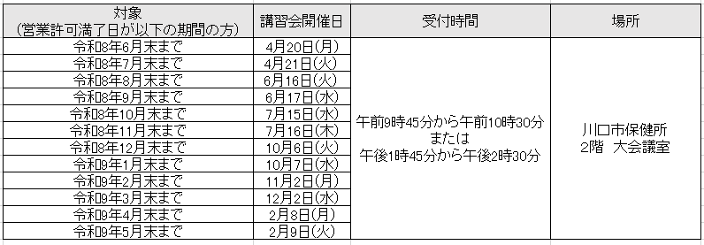 令和8年度更新講習会日程