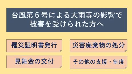 台風台6号による大雨等の影響で被害を受けられた方へ。罹災証明書発行。災害廃棄物の処分。見舞金の交付。その他の支援・制度