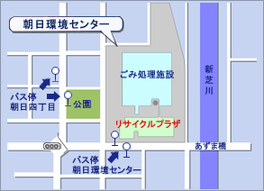 朝日環境センター周辺にあるバス停の位置を記した地図のイラスト