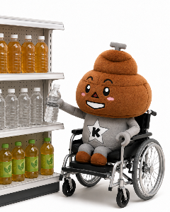 車いすに乗って飲み物を取るきゅぽらん