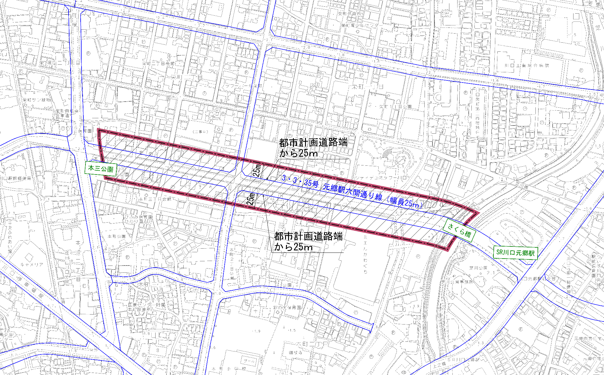 六間通り線沿道地区区域図
