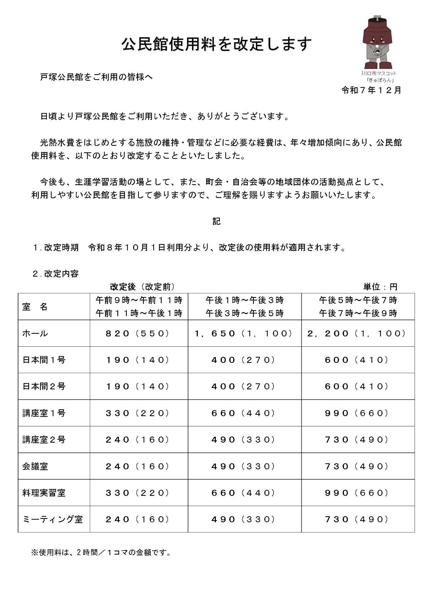 公民館使用料改定について