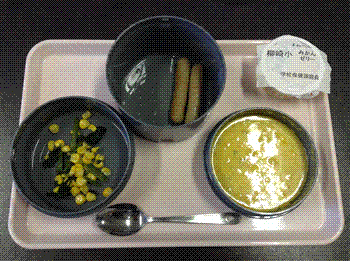 元郷学校給食センターで提供している食物アレルギー対応食の写真です。給食で使用しているトレーの上に保温容器が並んでいます。