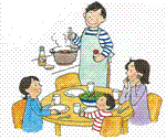 母、子ども（2人）が食卓に着き、父が料理を振る舞うイラスト