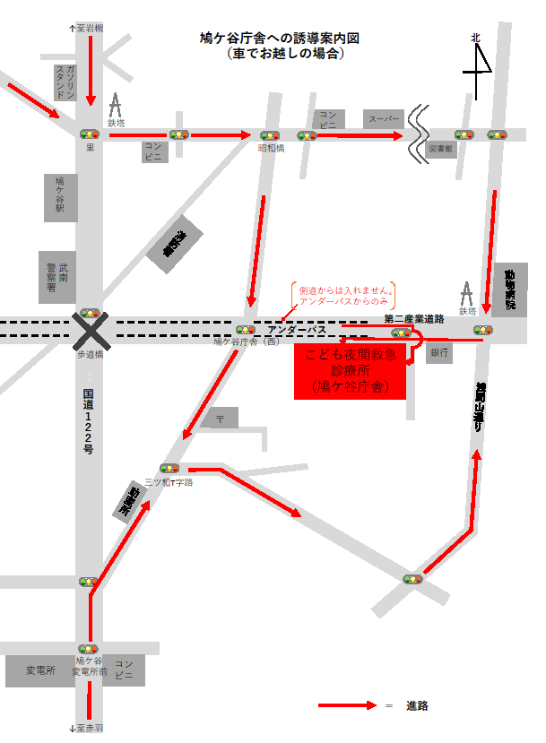 鳩ケ谷庁舎への誘導案内図（車でお越しになる場合）